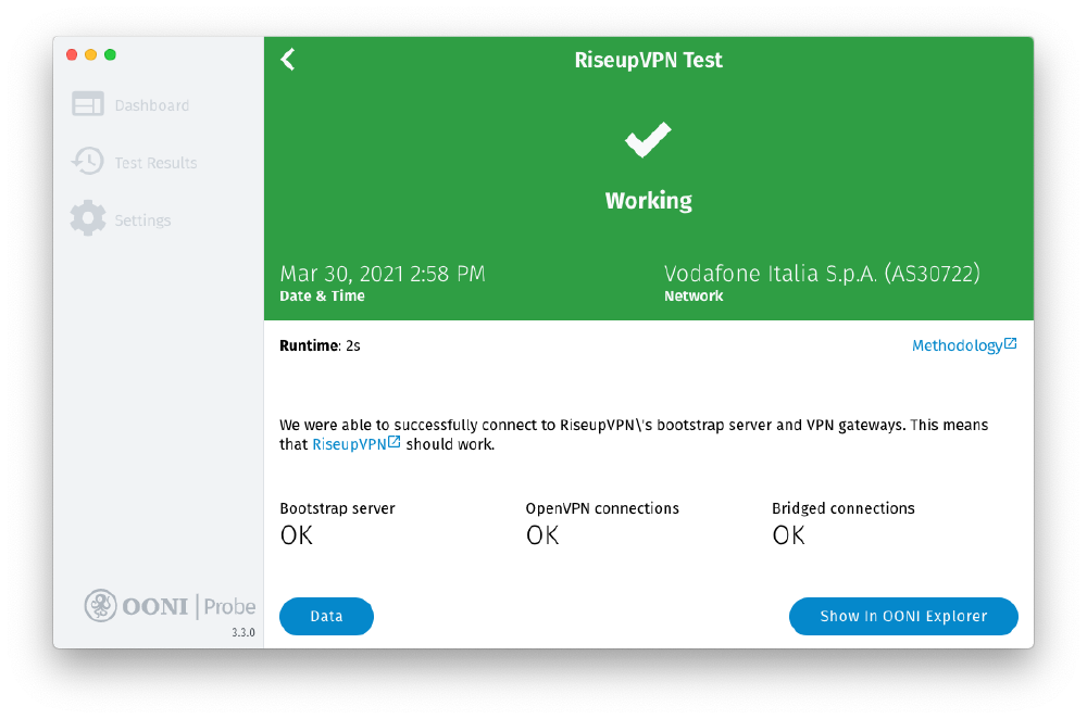OONI Probe RiseupVPN test OONI Probe RiseupVPN test